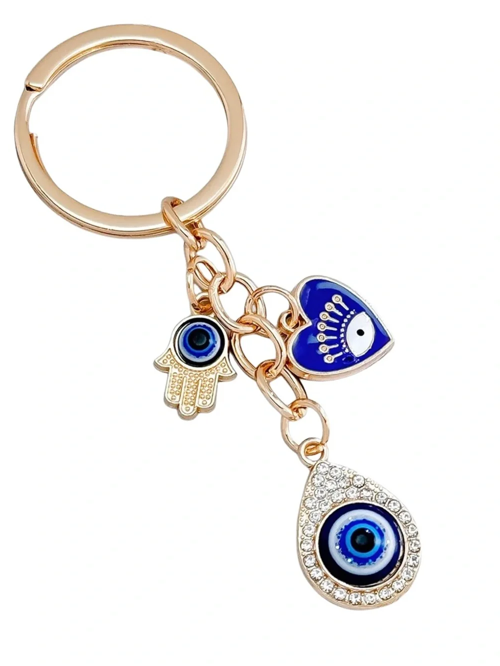 🧿 Evil Eye Hamsa Heart Keychain Rhinestone Gold Tone Lucky Bag Charm